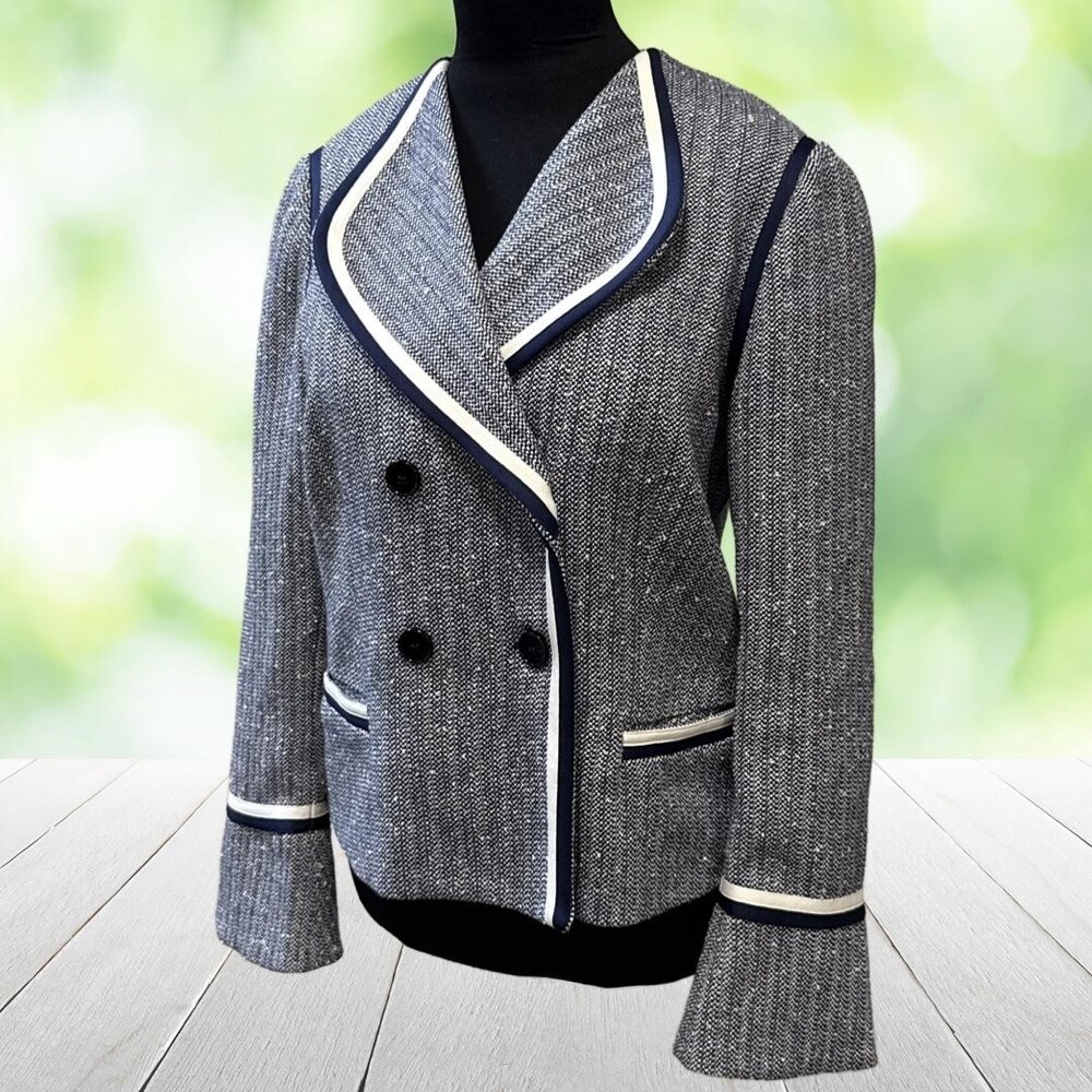 THE FOLD LONDON Tweed Blazer Double Breasted Contrast Trim Nautical UK 10 US 6